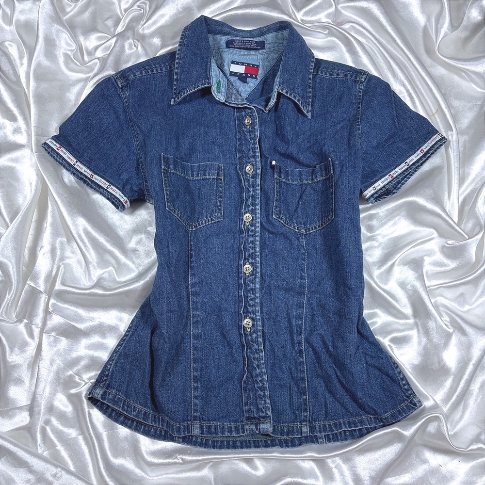 Vintage Tommy Jeans Denim Top Blue Excellent Logo Tape Short Sleeve Button Up